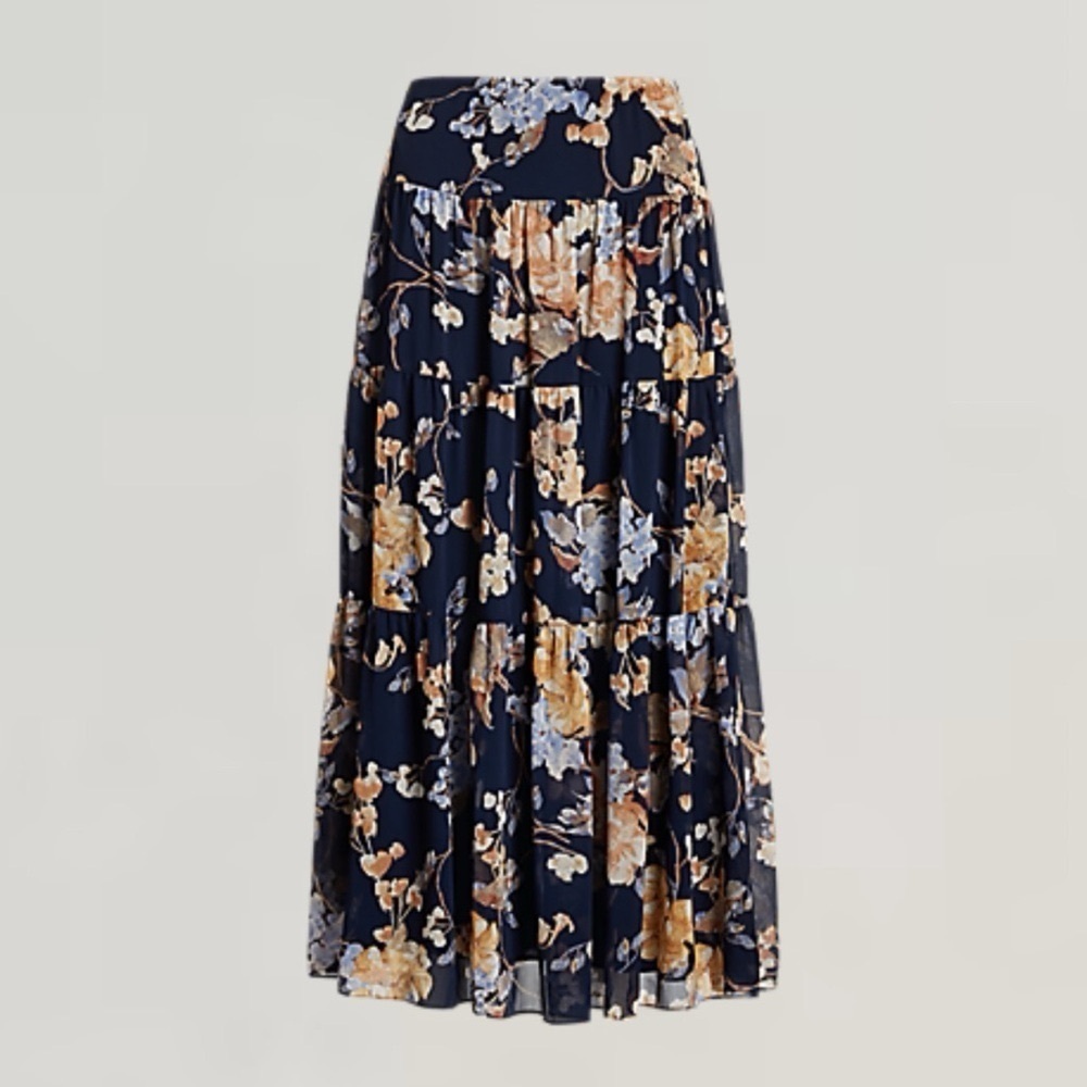Ralph Lauren Floral Crinkle Georgette Tiered Maxi Midi Skirt Navy Cream Size 00 - Picture 1 of 16
